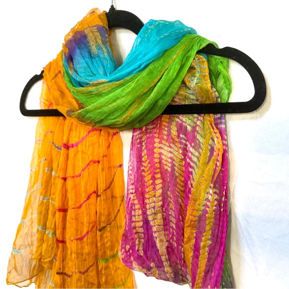 Indian 100% Silk Scarf Sari - Tie-Dye Boho Neon Rainbow Headwrap Headband - Picture 9 of 12
